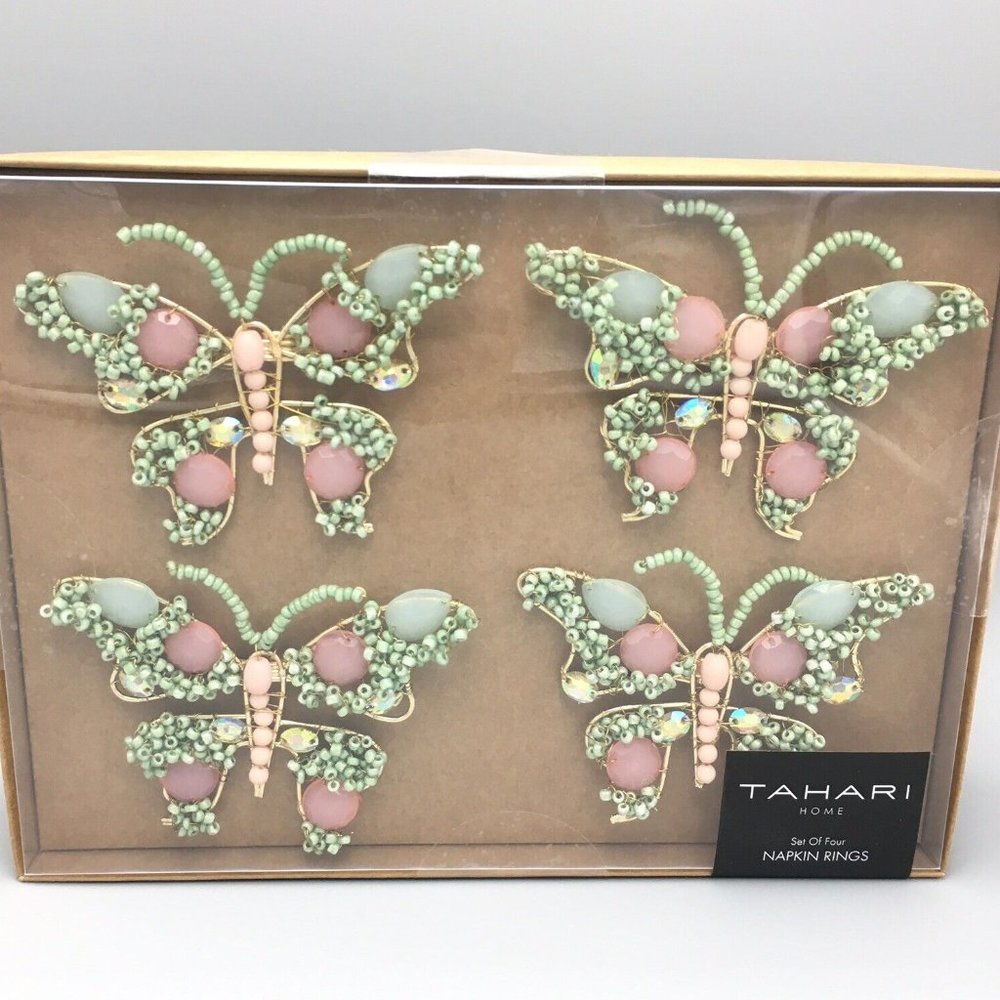4 TAHARI Beaded Butterfly Napkin Ring Set Pink Green Gold Spring Summer Easter